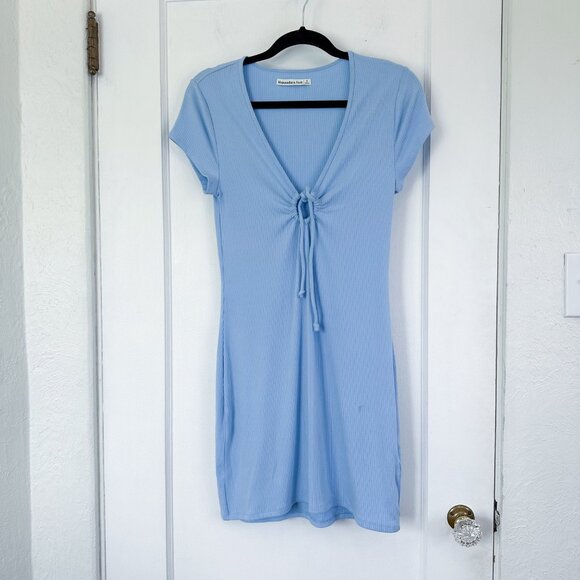 Abercrombie | Cut Out Tie Front Ribbed Mini V Neck Sundress Dress‎ in Blue Small - Picture 3 of 6